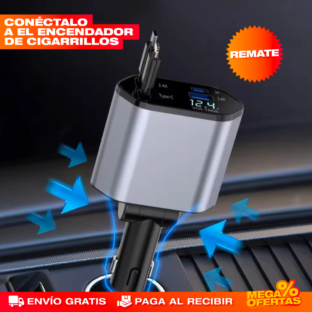 Cargador para Carro Retráctil 4 en 1 120W – Carga 4 Equipos Sin Cables Enredados