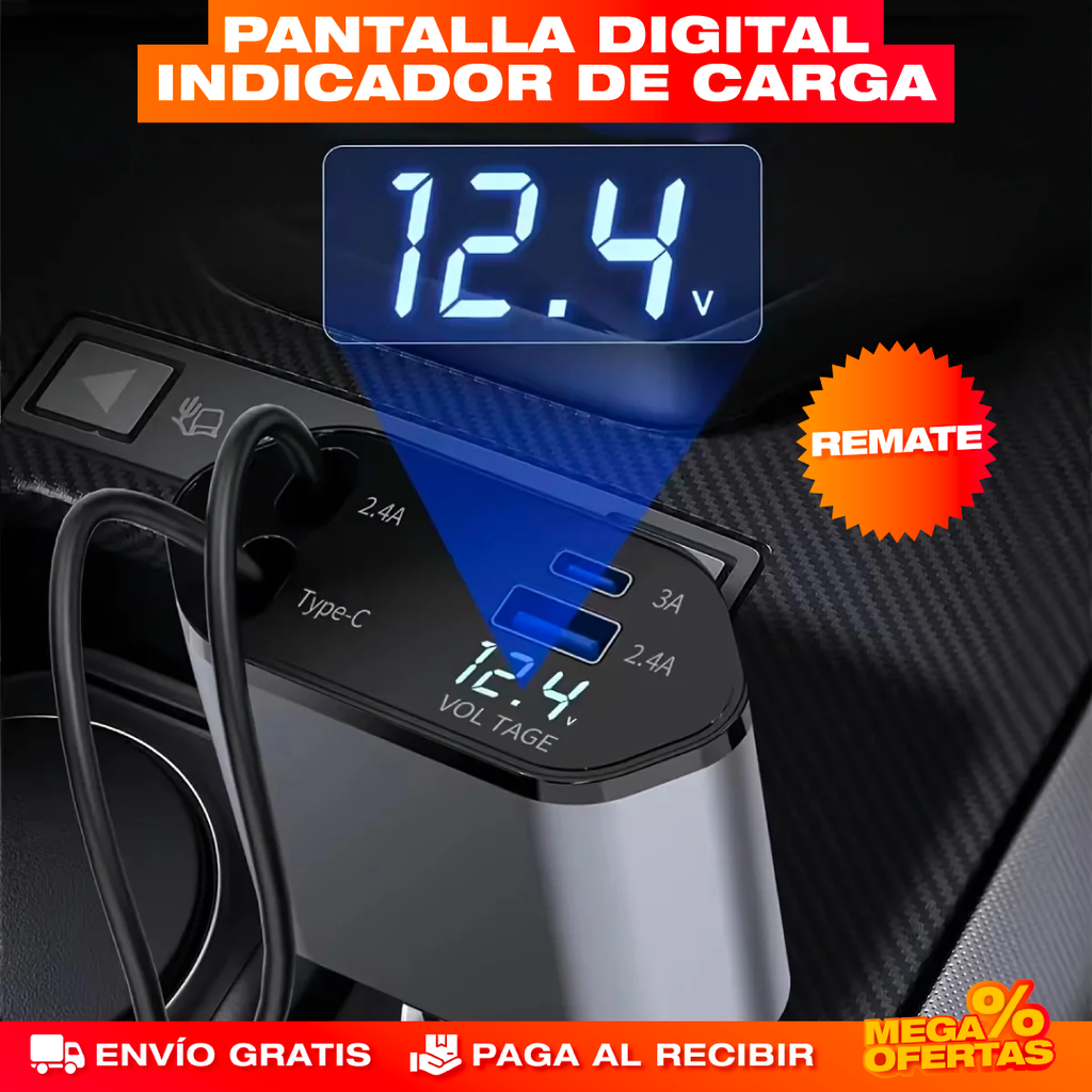 Cargador para Carro Retráctil 4 en 1 120W – Carga 4 Equipos Sin Cables Enredados
