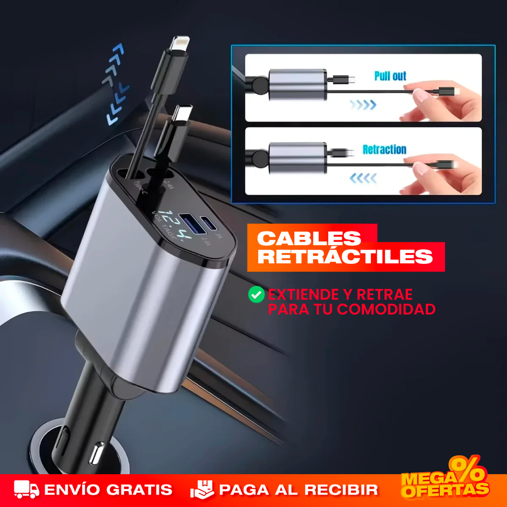 Cargador para Carro Retráctil 4 en 1 120W – Carga 4 Equipos Sin Cables Enredados