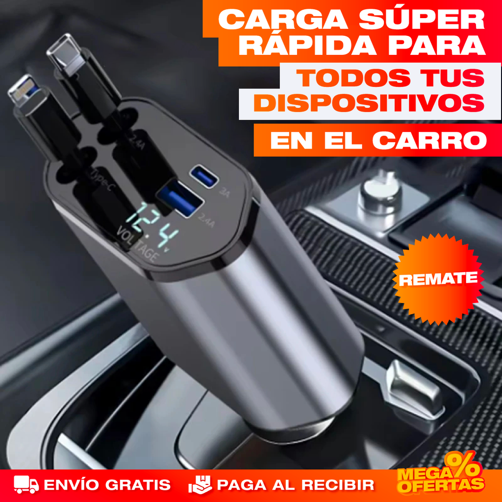 Cargador para Carro Retráctil 4 en 1 120W – Carga 4 Equipos Sin Cables Enredados