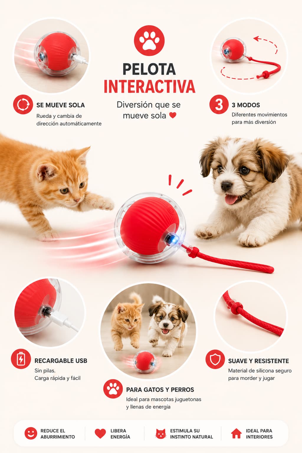 Pelota Interactiva con Cola para Mascotas 😻 Quema sus energías y hazlo feliz🐶